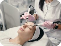 A woman getting her face cleaned by an esthetician.